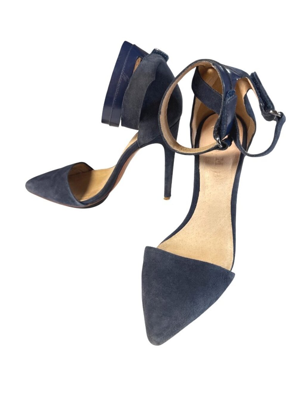 L.A.M.B. Gwen Stefani Navy Blue Suede Ankle Strap Pointed Toe Heels Size 6.5M